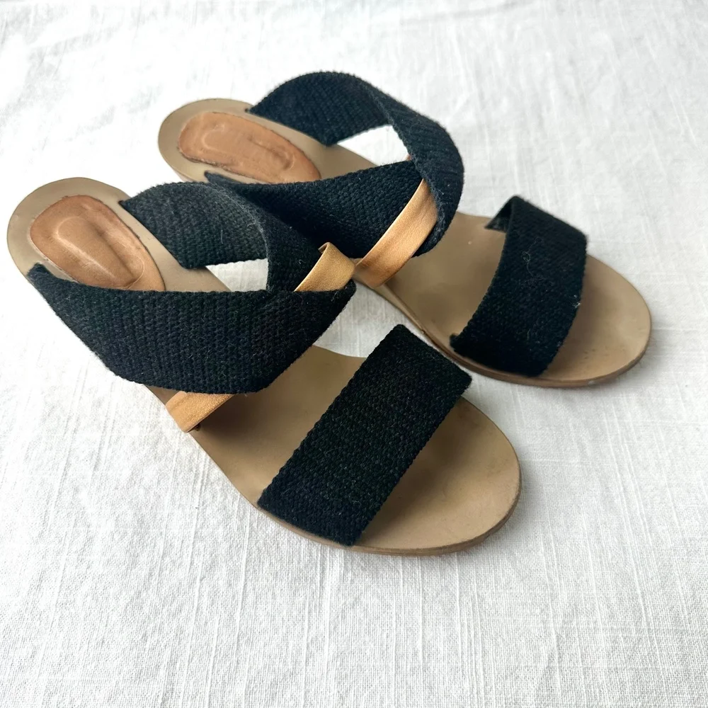 MM6 Maison Margiela Wedge Sandals Black Fabric Strappy Slip‎ On Slides 37